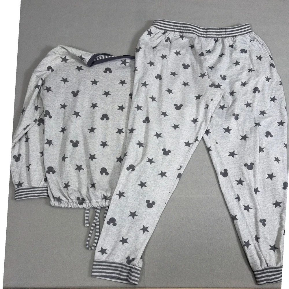 Disney Mickey Mouse Stars Pajama Set Gray Long Sleeve Top Joggers Large - Picture 3 of 7